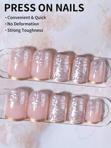 24Pcs/Set Medium Square Gloss Color French Press On Nails With Glitter Powder, Full Fit Acrylic Fake Nails, Contain 1pc Jelly Glue And 1pc Nail File, Suitable For Women And Girls'daily Work, Study, And Parties Use