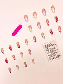 24pcs/Set French Almond-Shaped Ocean Style Elegant 3D Pink Polka Dot Ombre Floral Decor Acrylic Nail Tips With 1pc Jelly Gel And 1pc Nail File, Romantic And Sweet For Daily Wear And Dates