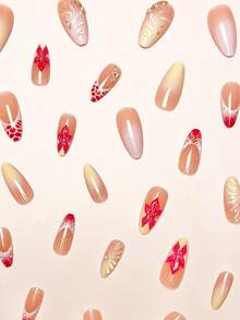 24pcs/Set French Almond-Shaped Ocean Style Elegant 3D Pink Polka Dot Ombre Floral Decor Acrylic Nail Tips With 1pc Jelly Gel And 1pc Nail File, Romantic And Sweet For Daily Wear And Dates