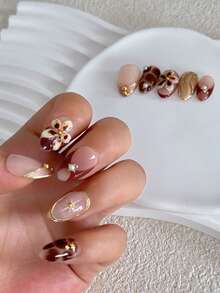 10 Pieces Of Retro, Elegant And Cute Hot Girl Autumn And Winter Atmosphere Caramel Brown Tortoiseshell 3D Carved Metal Texture Wavy Five-Pointed Star Round Beads Pearl Short Almond Wearing Armor Pieces