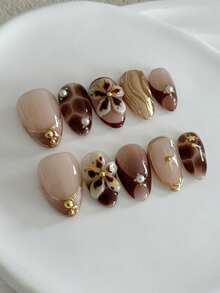 10 Pieces Of Retro, Elegant And Cute Hot Girl Autumn And Winter Atmosphere Caramel Brown Tortoiseshell 3D Carved Metal Texture Wavy Five-Pointed Star Round Beads Pearl Short Almond Wearing Armor Pieces