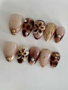 10 Pieces Of Retro, Elegant And Cute Hot Girl Autumn And Winter Atmosphere Caramel Brown Tortoiseshell 3D Carved Metal Texture Wavy Five-Pointed Star Round Beads Pearl Short Almond Wearing Armor Pieces