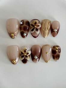 10 Pieces Of Retro, Elegant And Cute Hot Girl Autumn And Winter Atmosphere Caramel Brown Tortoiseshell 3D Carved Metal Texture Wavy Five-Pointed Star Round Beads Pearl Short Almond Wearing Armor Pieces