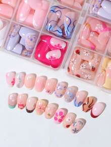576pcs/Box (24mixed ) Short Oval Flower French Tip Press On Nails Short Acrylic Nail Tips Full Cover False Nail ,With Storage Box As For Suitable For Women And Girls Daily Life And Party Use