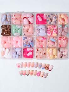 576pcs/Box (24mixed ) Short Oval Flower French Tip Press On Nails Short Acrylic Nail Tips Full Cover False Nail ,With Storage Box As For Suitable For Women And Girls Daily Life And Party Use
