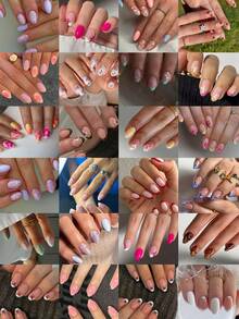 576pcs/Box (24mixed ) Short Oval Flower French Tip Press On Nails Short Acrylic Nail Tips Full Cover False Nail ,With Storage Box As For Suitable For Women And Girls Daily Life And Party Use