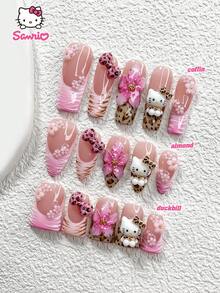 Sanrio Sanrio 10Pcs Leopard Nail Set,Fall Winter Press-On Nails,3D Hello Kitty Nail Stickers,Handmade Flower Fake Nails, Pink Leopard Bow, Small Five-Petal Flower Nail Charms, Pink Nail Gel,Brown Nails Oil,Cute Nails,3 Sizes Available, Almond Nails, Duck