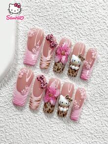 Sanrio Sanrio 10Pcs Leopard Nail Set,Fall Winter Press-On Nails,3D Hello Kitty Nail Stickers,Handmade Flower Fake Nails, Pink Leopard Bow, Small Five-Petal Flower Nail Charms, Pink Nail Gel,Brown Nails Oil,Cute Nails,3 Sizes Available, Almond Nails, Duck