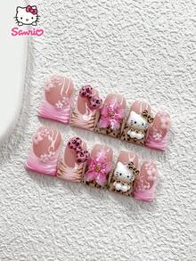 Sanrio Sanrio 10Pcs Leopard Nail Set,Fall Winter Press-On Nails,3D Hello Kitty Nail Stickers,Handmade Flower Fake Nails, Pink Leopard Bow, Small Five-Petal Flower Nail Charms, Pink Nail Gel,Brown Nails Oil,Cute Nails,3 Sizes Available, Almond Nails, Duck