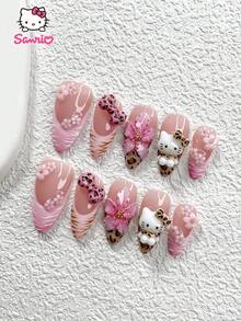 Sanrio Sanrio 10Pcs Leopard Nail Set,Fall Winter Press-On Nails,3D Hello Kitty Nail Stickers,Handmade Flower Fake Nails, Pink Leopard Bow, Small Five-Petal Flower Nail Charms, Pink Nail Gel,Brown Nails Oil,Cute Nails,3 Sizes Available, Almond Nails, Duck