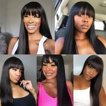 Straight Human Hair Wigs With Bangs Full Machine Made Wigs 250% Density Non Lace Front Wig For Women Glueless Straight Remy Human Hair Wigs Natural Color