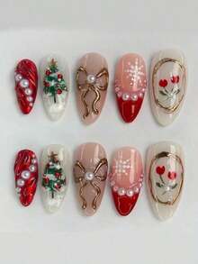 30pcs Medium Almond Red French Tips Nails 3D Bowknot Snowflakes & Christmas Tree With Pearls And Red Rhinestone Glossy Full Cover For Women Girls Christmas Nails Party Dating