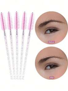 50PCS Hygienic Disposable Eyelash Brushes – Crystal Pink Precision Brush Head, Bendable Spoolies With Storage Container