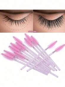 50PCS Hygienic Disposable Eyelash Brushes – Crystal Pink Precision Brush Head, Bendable Spoolies With Storage Container
