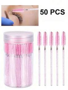 50PCS Hygienic Disposable Eyelash Brushes – Crystal Pink Precision Brush Head, Bendable Spoolies With Storage Container