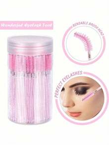 50PCS Hygienic Disposable Eyelash Brushes – Crystal Pink Precision Brush Head, Bendable Spoolies With Storage Container
