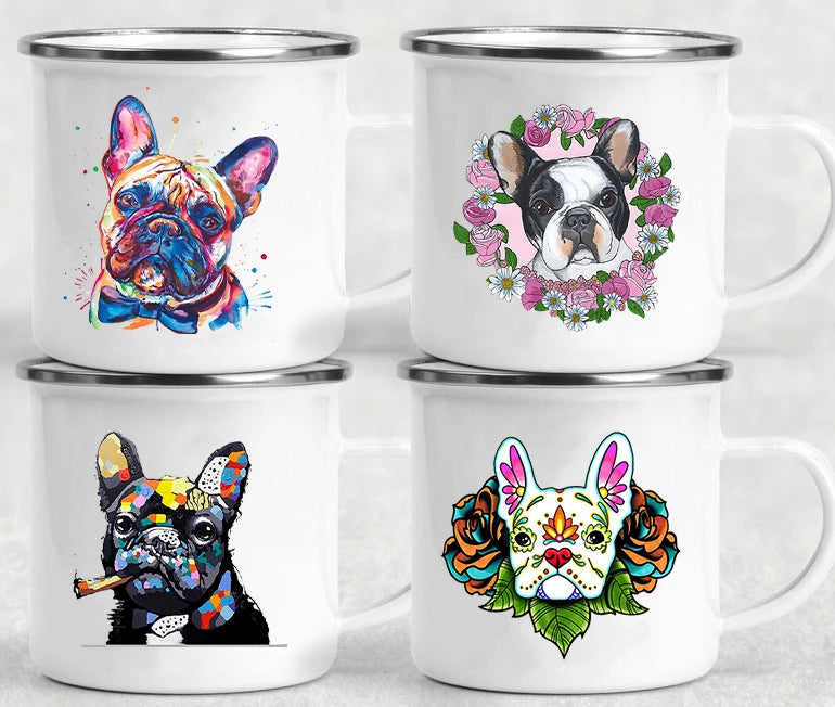 French Bulldog Print Enamel Mugs Creative Glass Coffee Juice Cup Drinks Milk Cup Vintage Mugs Handle Drinkware Housewarming Gift