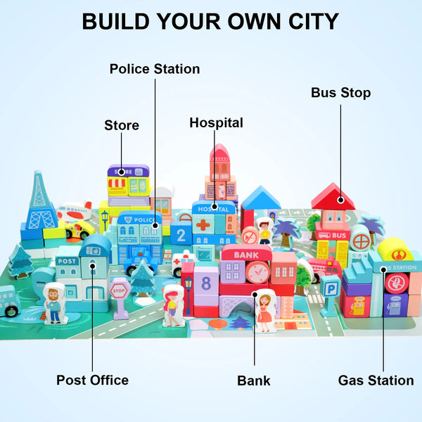 Wooden Building Blocks Set with City Map for Toddlers, Wooden Blocks City Construction Stacker Stacking Preschool Learning Education