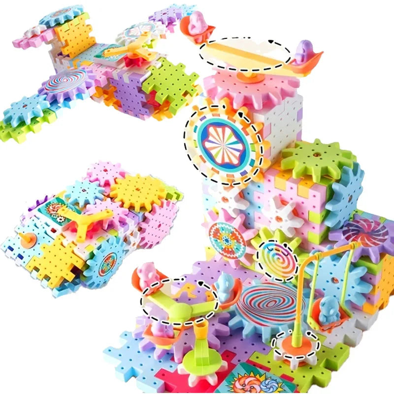 Kids Electric Gear Building Toy Set Motorized Spinning Gears Set Gear Rail Car Big Building Blocks STEM Construction Toy Set