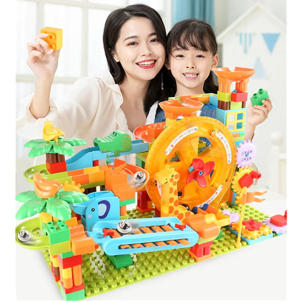 Large Marble Run Electric Spiral Lift Windmill Wheel Roller Coaster Paino  Slide Dino Track Parts Compatible Building Blocks Toy