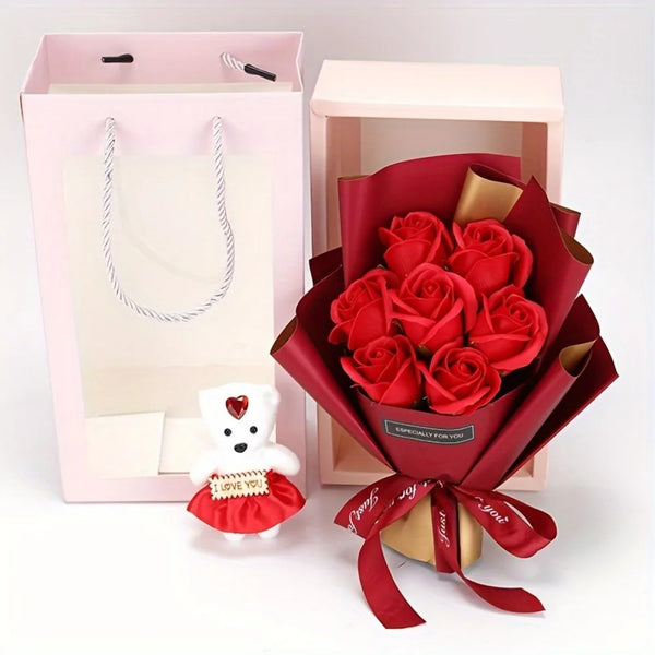 Valentine's Day Artificial Rose Bouquet Gift Box with Teddy Bear - Soap Flower Roses for Mother's Day, Christmas,