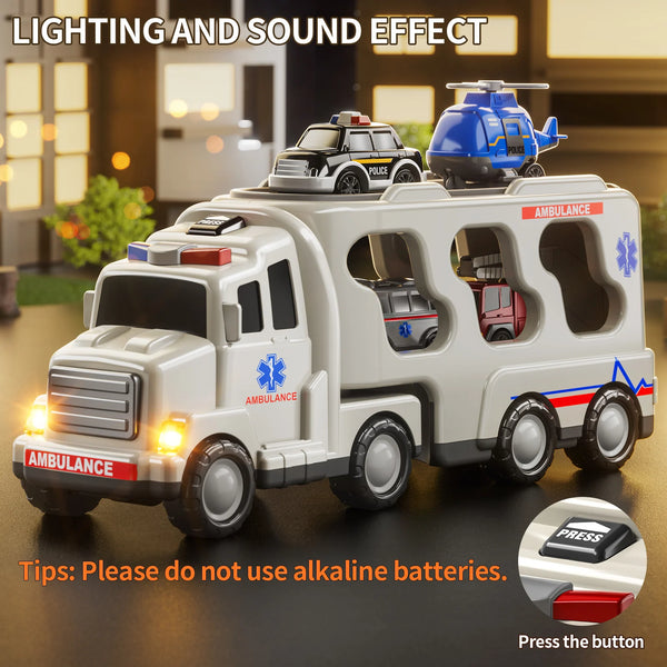 Ambulance 5 in 1 Truck Toys For 3 4 5 6 Years Old Boys Toddlers Kids Carrier Fire Trucks Cars For Boy Toys Birthday Gift Trucks