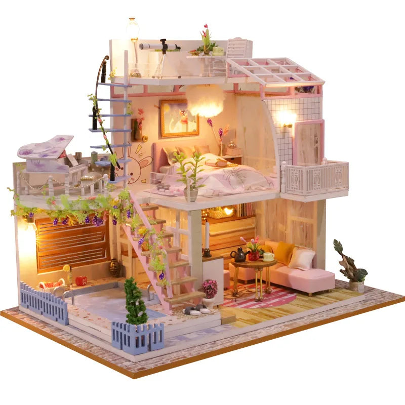 DIY Wooden Mini Doll House 3D Puzzle Small House Kit Assembly Model Building Model Toy Home Decoration With Furniture LED Lights