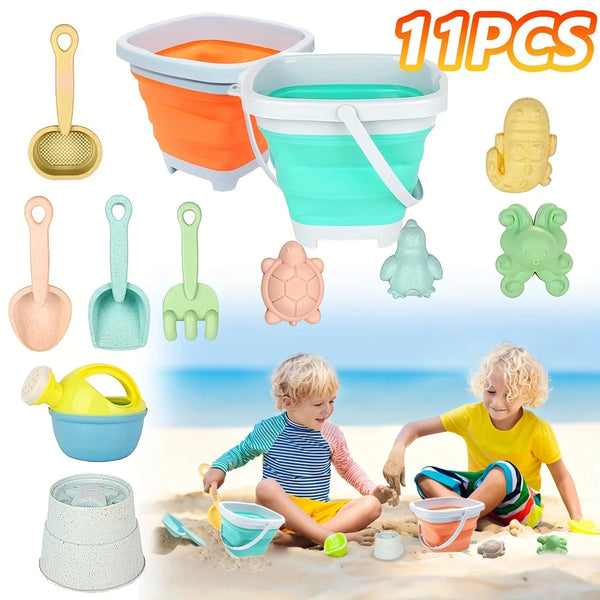 11Pcs Beach Toys Set Gift Package Sand Toys for Kids Sandbox Toys with Collapsible Bucket Shovel Set Sand Molds Summer Outdoor