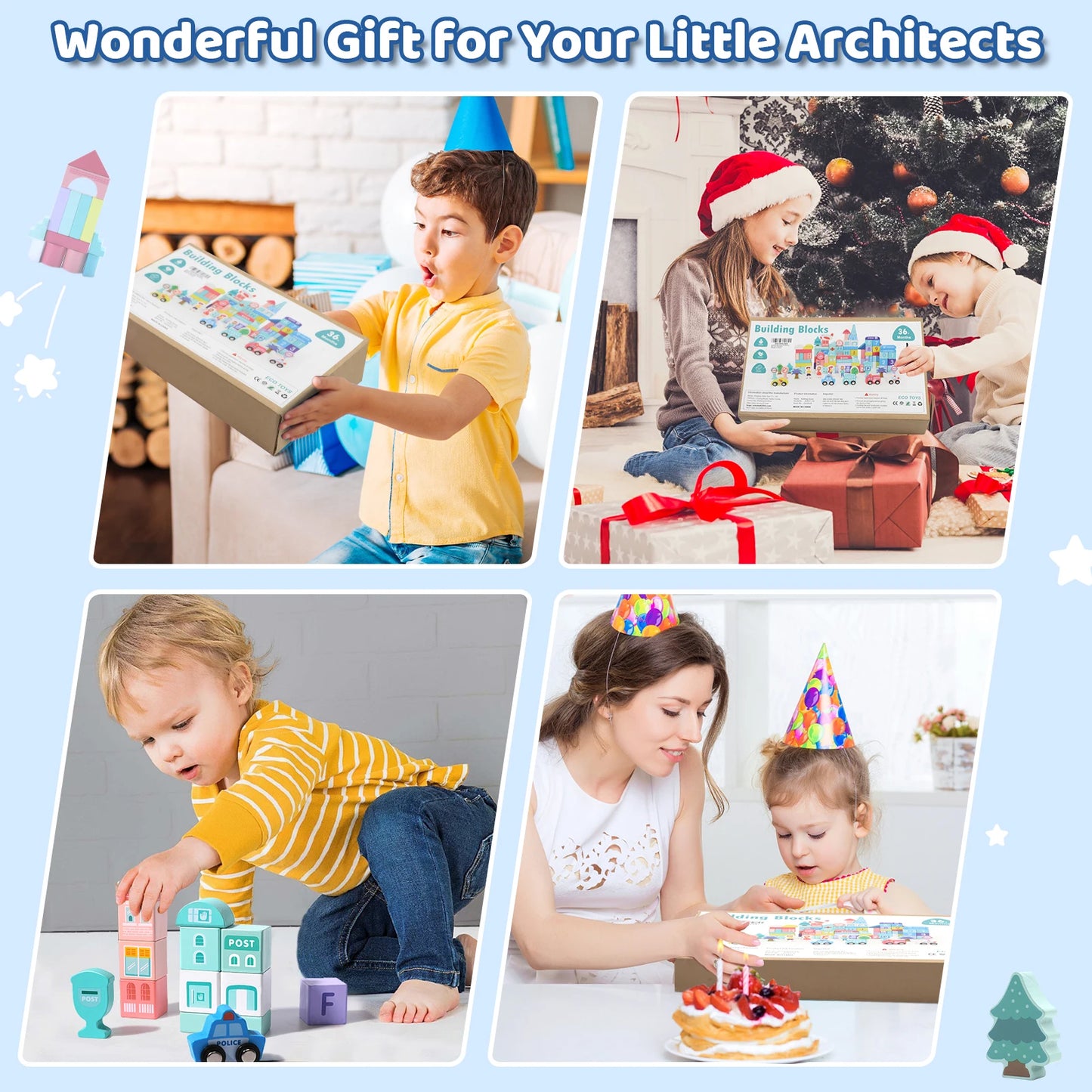 Wooden Building Blocks Set with City Map for Toddlers, Wooden Blocks City Construction Stacker Stacking Preschool Learning Education