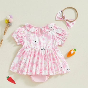 Toddler Girls Floral Print Sleeveless Romper Dress with Matching Headband Easter Outfit Set for Infants and Babies
