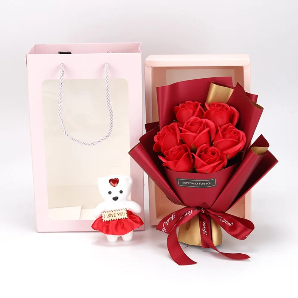 Valentine's Day Artificial Rose Bouquet Gift Box with Teddy Bear - Soap Flower Roses for Mother's Day, Christmas,