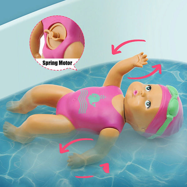 Swimming doll in a bathtub with text indicating free floating feature