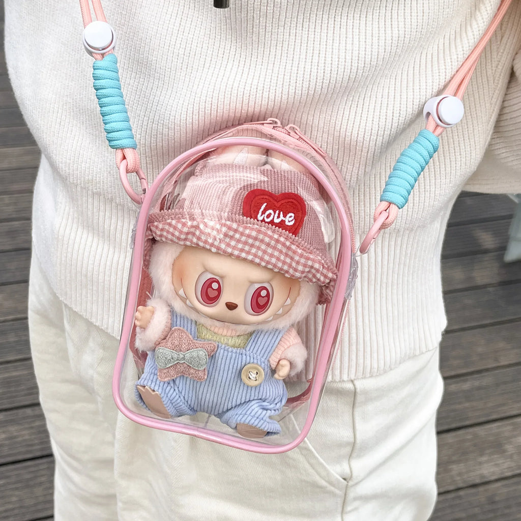 Doll Protect Case For Labubu Sitting Party 15cm Plush Cotton Doll Shoulder Pain Bag With Rope PVC Storage Bag Walk Bag Dustproof