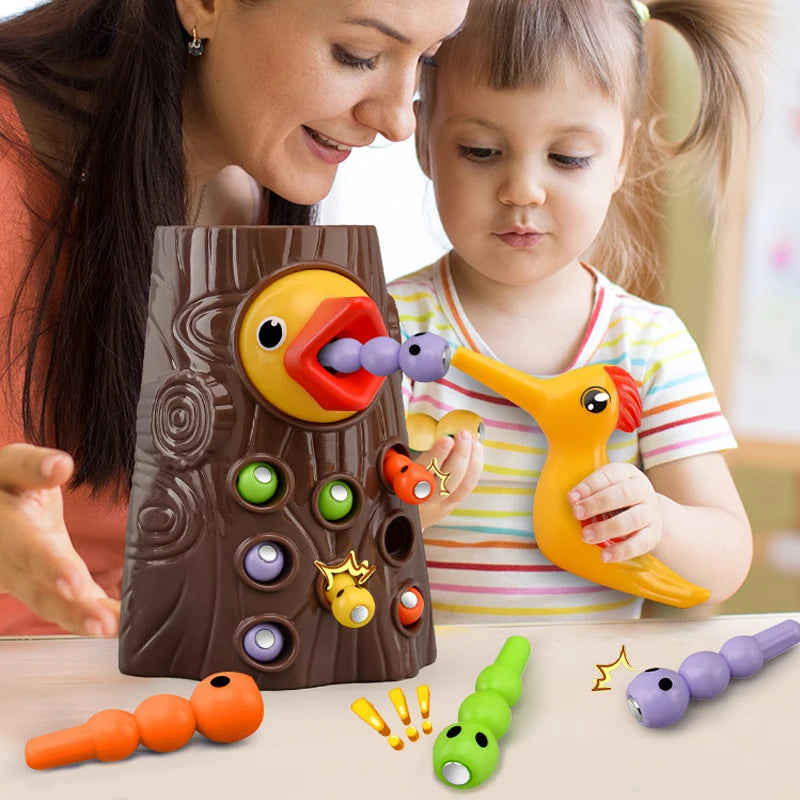 Montessori Educational Toys for Children Woodpecker Catch Worms Toy Toddler Kids Magnetic Games for Babi Development Busy Board