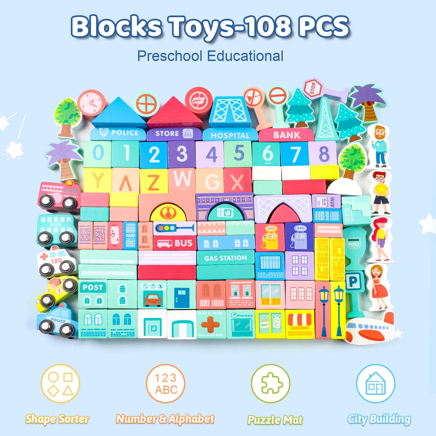 Wooden Building Blocks Set with City Map for Toddlers, Wooden Blocks City Construction Stacker Stacking Preschool Learning Education