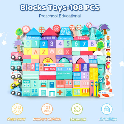 Wooden Building Blocks Set with City Map for Toddlers, Wooden Blocks City Construction Stacker Stacking Preschool Learning Education