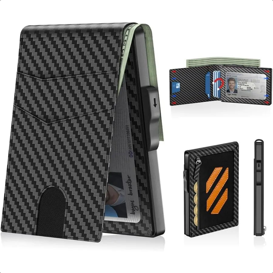 Wallet for Men Popup Case Cash Slot RFID Blocking Mens Wallet with ID Window Minimalist Wallet for Credit Cards With Coin Pocke