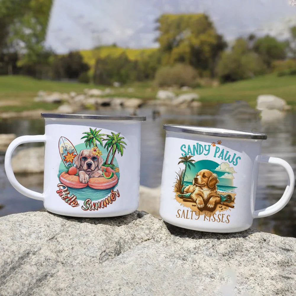 hello summer dog sea beach Printed Mug summer Camping Enamel Cup Campfire Party Beer Coffee Mugs Handle Cups Gifts for Camper