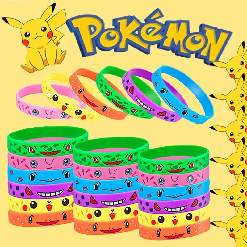 12pcs Pokemon Bracelet Anime Action Figures Pikachu Charmander Children Cartoon Silicone Wristband Bracelets Party Cosplay Gifts