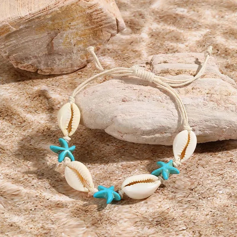 Boho Sea Shell Starfish Bracelet for Women Girls Fashion Tortoise Charm Handmade Woven Rope Beads Summer Jewelry Beach Gifts