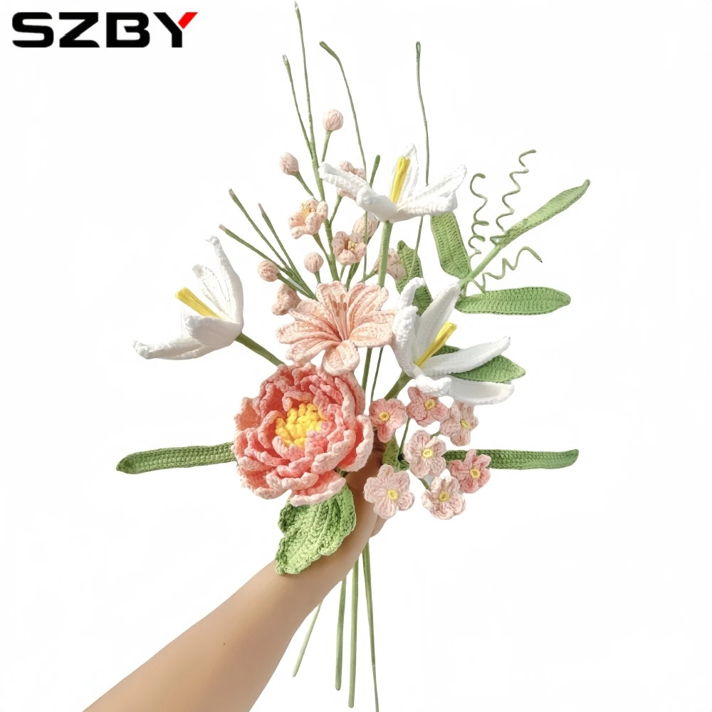 Artificial Flowers Crochet Flowers Bouquet Sunflower Rose Peony Home Decoration Gifts for Women Mother's Day Birthday Christmas