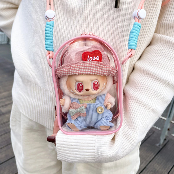 Doll Protect Case For Labubu Sitting Party 15cm Plush Cotton Doll Shoulder Pain Bag With Rope PVC Storage Bag Walk Bag Dustproof