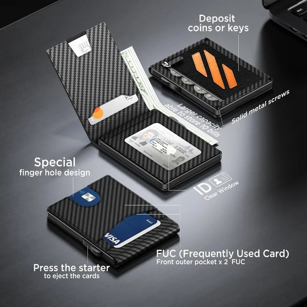 Wallet for Men Popup Case Cash Slot RFID Blocking Mens Wallet with ID Window Minimalist Wallet for Credit Cards With Coin Pocke