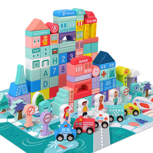 Wooden Building Blocks Set with City Map for Toddlers, Wooden Blocks City Construction Stacker Stacking Preschool Learning Education