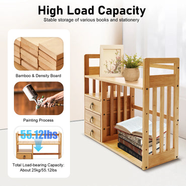 Bamboo Desktop Bookshelf Desk Organizer Shelf Storage Rack with 3 Drawers Office Desk Storage Display Shelf Rack for Office Home