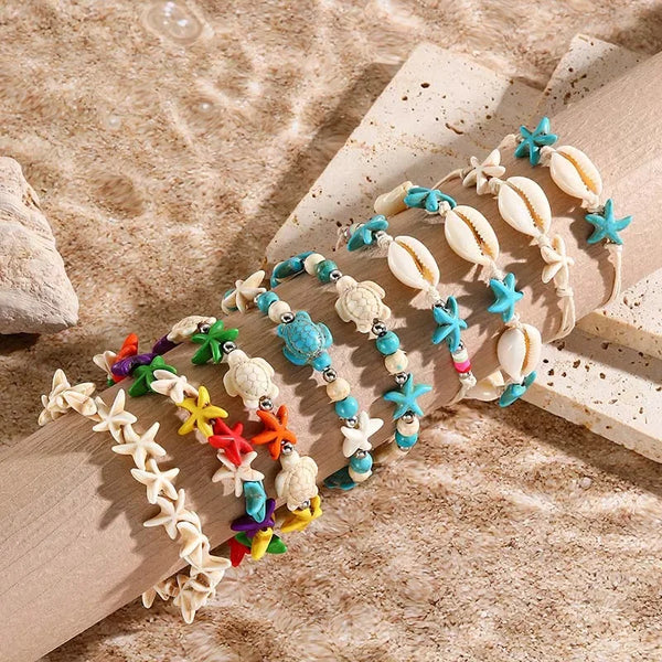 Boho Sea Shell Starfish Bracelet for Women Girls Fashion Tortoise Charm Handmade Woven Rope Beads Summer Jewelry Beach Gifts