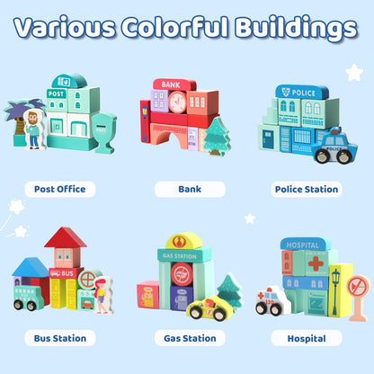 Wooden Building Blocks Set with City Map for Toddlers, Wooden Blocks City Construction Stacker Stacking Preschool Learning Education